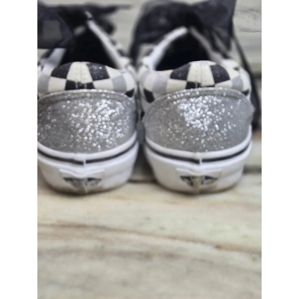 Vans Old Skool Checkerboard Silver Glitter Ribbon Lace Sneakers Womens 8 - Picture 4 of 8